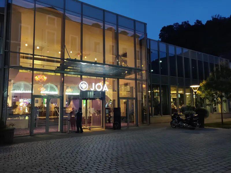 Glass-fronted entrance to Casino JOA d'Uriage
